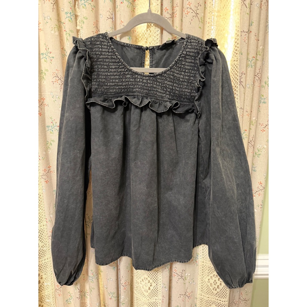 HEYSON Medium Charcoal Mineral Wash Smocked Ruffle Babydoll Boho Top